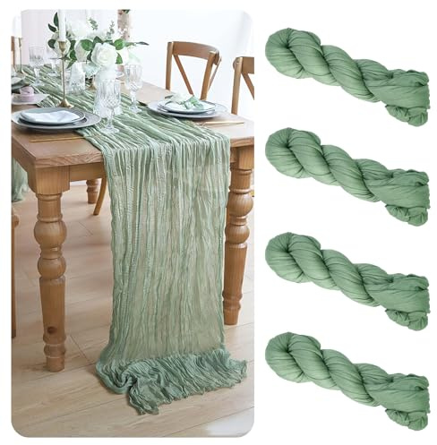 ACOMTUO 4 Stück Boho Musselin Seihtuch,90x300 cm Grün Gaze Käsetuch Boho Hochzeit,Boho Seihtuch,Tischläufer Eukalyptus Grün für Hochzeitsdeko, Tischdeko Geburtstag, Babyparty