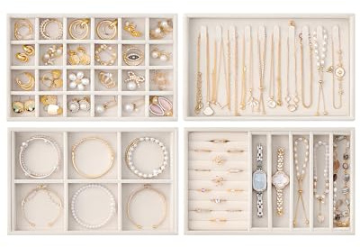 Lolalet Jewelry Drawer Organizer Inserts, Stackable Velvet Tray Jewelry Storage Organizers Set Display Cases for Necklaces Bracelets Earrings Rings Chains Bangles Watches, Beige, Set of 4