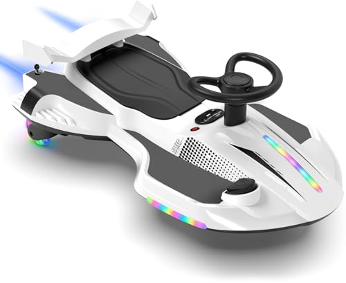 CoolGrows 2-in-1 12V Electric Wiggle Car with LED Lights & Bluetooth | 360° Swivel Wheels | Manual & Motorised Modes for Ages 3+ | White