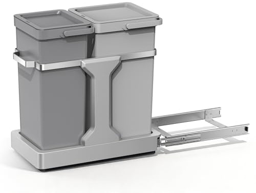 EKO Deco Rubbish Bin Kitchen Base Cabinet, 20 L + 15 L, 2-Way Waste Separation System, Extendable Bin Under Sink, Waste Bin with Lid, Handle and Bag Holder, Space-Saving & Easy to Clean, Grey