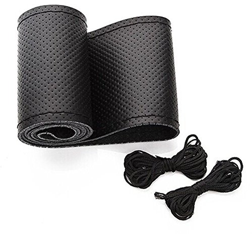 Onerbuy Universal Leather Car Steering Wheel Stitch On Wrap Cover DIY Sewing Breathable and Anti slip, 15-Inch (Black)