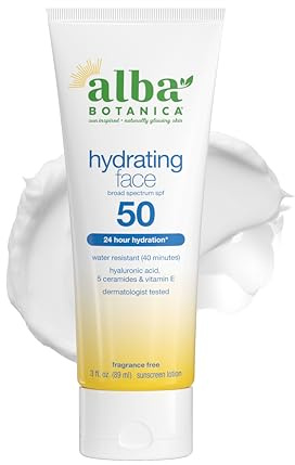 Alba Botanica Hydrating Face Sunscreen Lotion, SPF 50 Broad Spectrum Protection, 24 Hour Hydration, Water Resistant (40 minutes), Fragrance Free, Oxybenzone-Free, 3 Fl. Oz