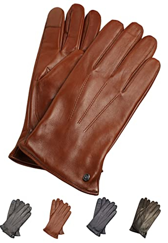 AKAROA ESTD 2019 Lederhandschuhe Herren MAX, Touchscreen Funktion, italienisches Leder, recyceltes Strickfutter aus 50% Kaschmir und 50% Wolle, 5 Größen S - XXL, cognac, L-9,5