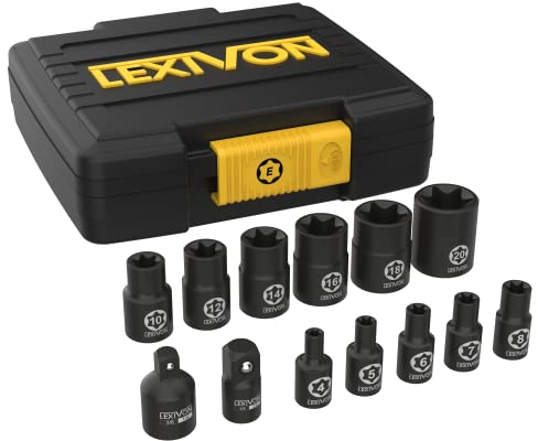 LEXIVON Set de Acoplamiento de Tornillo E-TORX, (Aleación de Acero y cromo Vanado) Set de 13-Piezas Hembra de estrella Enchufe E4 - Conjunto E20 con Funda de almacenamiento mejorada (LX-147)