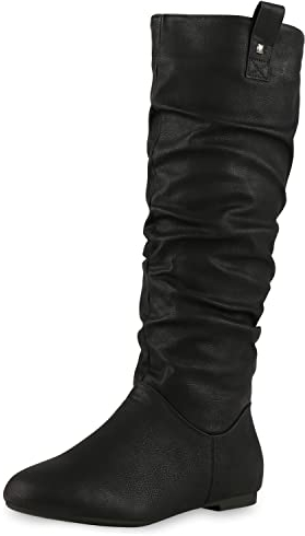 VAN HILL Damen Schlupfstiefel Warm Gefütterte Stiefel Nieten Wildleder-Optik Schuhe Flache Slouch Boots 610607 Schwarz 40