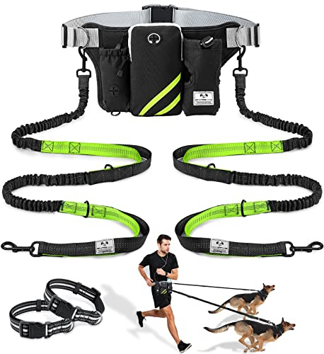 SHINE HAI Retractable Hands Free Dog Leash with Dual Bungees for 2 Dogs, Adjustable Waist Belt, Reflective Stitching Leash for Running Walking Hiking Jogging Biking Black - Green
