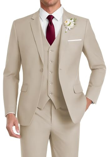 HUUTOE Costume 3 pièces élégant pour mariage, bal de fin d'année, affaires, blazer à un bouton, veste gilet et pantalon, smoking, pour homme, personnalisable, beige, Taille 4XL