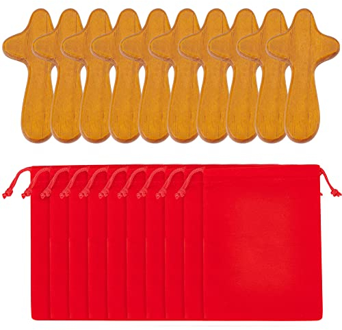 WEBEEDY 10 Stück Kreuz Handschmeichler Antistress Handkreuze Christliches Kreuze mit Samtbeutel Handhalte Komfort Tasche Kreuz Glücksbringer Deko Holzdeko Geschenk für Kommunion Taufe Firmung