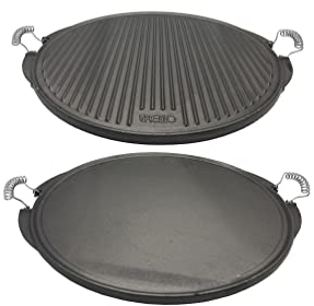 Plancha de hierro esmaltada, plancha de hierro fundidido doble cara, parrilla de acero para barbacoas (Redondo, 53 cm)