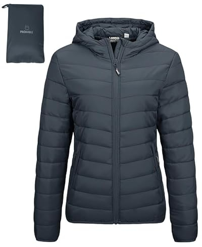Outdoor Ventures Damen Steppjacke Leichte Packbare Übergangsjacke Warme Winterjacke mit Kapuze für Frauen Gefüttert Pufferjacke mit Taschen für Freizeit Wandern Reisen Dunkelgrau L