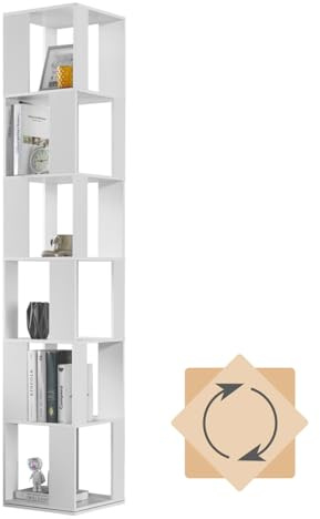 NICEME 190 cm Rotating Bookshelf, 6-Tier Corner Bookcase Book Storage Unit,Tall Display Shelf, Slim Bookshelves for Living Room, Library (White)