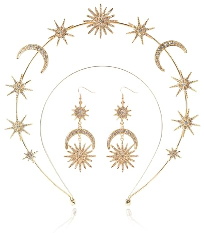 Moguri® Couronne Halo Étoiles cristal déesse bandeau Boucles d'oreilles en métal Tiara céleste Accessoires pour femme mariée Costume cosplay Fête déesse