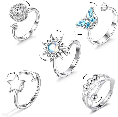 Xumann 5PCS Fidget Rings for Women, Adjustable Anxiety Ring, Spinner Worry Rings