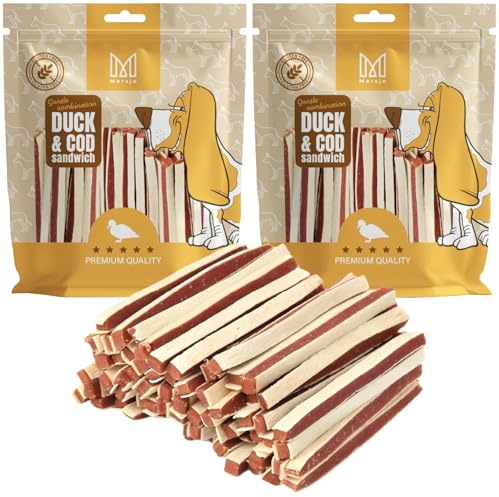 MERSJO Hundeleckerli - 87% Hoher Fleischanteil, Keine Zusatzstoffe, Getreide- und Zuckerfrei, Leckereien für Hunde zur täglichen Ergänzung, Natürliche Kauhilfe, Weiche Entenstreifen Sandwich, 1000g