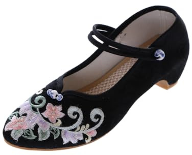 BJ-007 Negro Flores Bordadas Vintage Qipao Hanfu Correas Bailarina Chino Ocio Tela Zapatos Bombas, Negro , 38 EU Estrecho