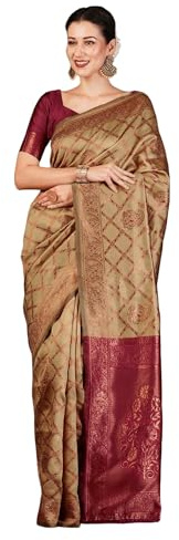SIRIL Women's Banarasi Jacquard Soft Silk Kanjeevaram Saree With Unstitched Blouse Piece (3759S134A_Beige)