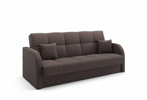 LIKMA Canapé 3 Places Extensible Togo Brun 214 cm avec Fonction Lit Coffre Rangement Coussins Tissu