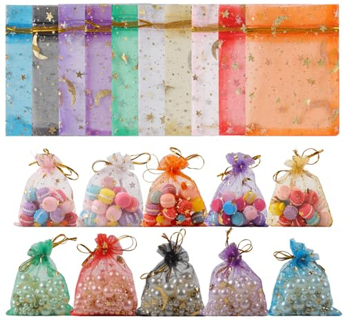 100 Pcs Organza Bags, Mesh Gift Bags, Favour Bag, Moon Stars Jewellery Bag, Jewellery Pouches, Small Organza Gift Pouches for Party Festivals Weddings Xmas Gift - 7X9cm