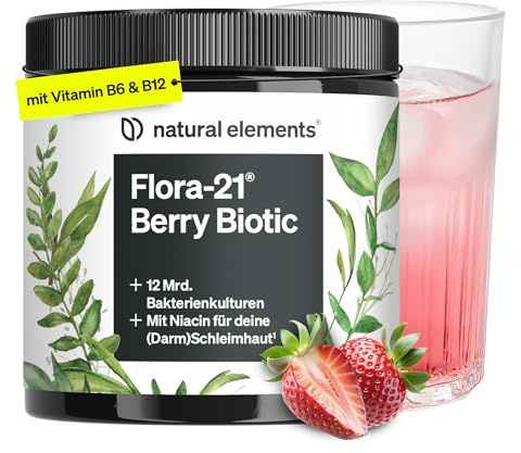natural elements Flora 21 Berry Biotic Getränkepulver – 13 Bakterienstämme mit Ballaststoffen & Vitamin-B-Komplex – 12 Mrd. KBE/Portion – Erdbeergeschmack – 30 Portionen – vegan, ohne unnötige Zusätze