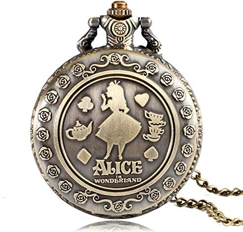 HUIBBGO Precioso Reloj de Bolsillo Redondo de Cuarzo con diseño de Alicia en el país de Las Maravillas y Cadena de Collar para niñas y Damas
