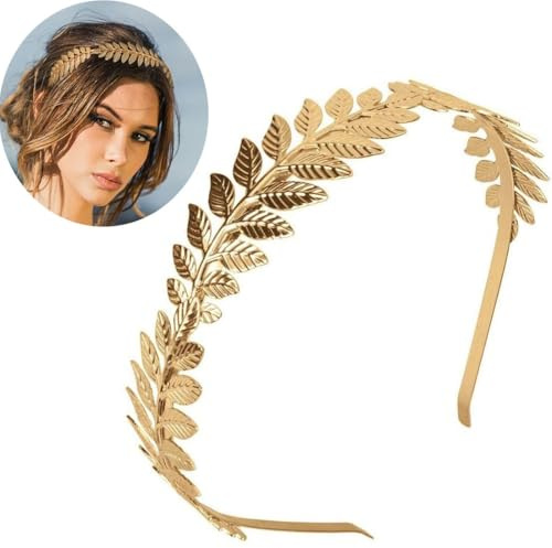 Corona de hojas romanas, tiara de oro con banda de hojas, diadema para novia, para chicas, tocado de hoja de laurel, tocado bohemio