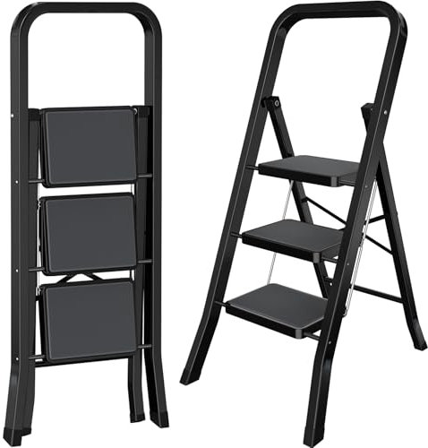 AMHANCIBLE Trittleiter, Leiter mit 3 Stufen, bis 150 kg belastbar, Klapptritt mit breitem Anti-Rutsch-Pedal und Klappsicherung, Einfach zu Verstauen, Perfekt für Küche & Haushalt, Schwarz EBSL03BK