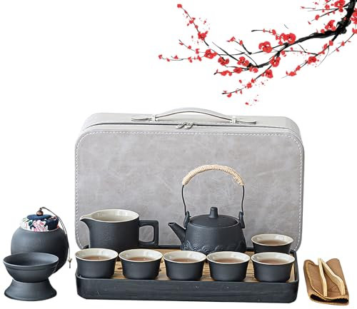 Japanisches Teeservice für 6, Schönes Tea Set Porzellan Chinesische Teekanne Set, 14 Stück Gongfu Teeservice, Tragbares Schwarzes Keramik-Teekannenset, Traditionelles Teekanne Teeservice aus Porzellan