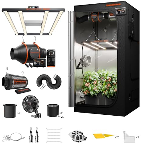 Spider Farmer 90 x 90 x 180 cm Grow Box Set completo G3000 LED spettro completo per piante Grow Tenda Grow Tent Kit 100 mm Ventilatore tubolare con controller GGS Temp Umido