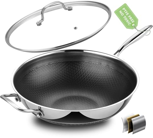 SAKAMOSH Hybrid 12 Inch Wok Pan with Lid, 5QT Stainless Steel Deep Woks & Stir-fry Pans with Flat Bottom, Stay-Cool Handle, Induction & Dishwasher & Oven Safe, Non Toxic, PFOA Free Skillet Cookware