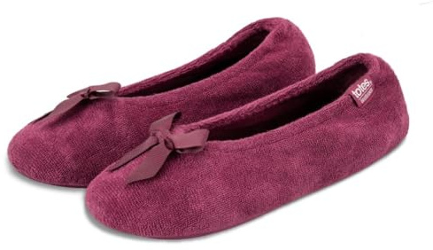 Isotoner® Ladies Terry Ballerina Slippers, Cotton Rich Stretch Fit with Pillowstep® Cushioning, Ultra Comfort Foam, Durable Sole, Machine Washable, Bow Detail, Burgundy, XL