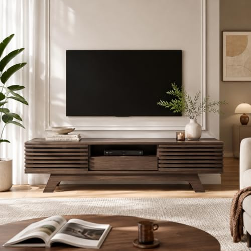 OLIVIBED TV-skåp 150 cm TV-skåp med 2 dörrar och låda, modern TV-bänk med öppet förvaringsutrymme, TV-bänk för upp till 65 tum, TV-skåp, vardagsrum, träfärg, 150 x 35 x