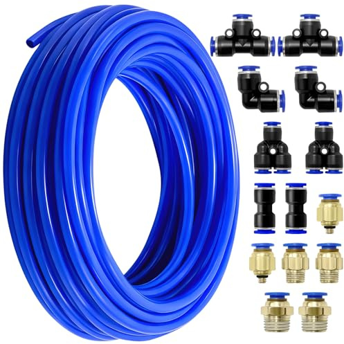 Leyrens 15m manguera neumática 6mm diámetro exterior/4mm diámetro interior, kit de tubo de manguera de aire PU de poliuretano azul, con 14 piezas guarniciones neumaticas, para sistema de frenos