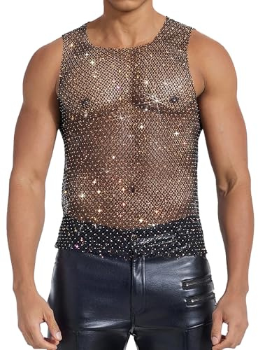 FEOYA Débardeur à paillettes pour homme - En maille transparente - Brillant - Pour fête disco - Sans manches - Pour les clubwear - Pour homme