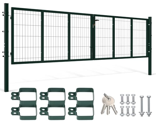 Peviasot - Cancello da giardino in metallo 350x100 cm verde, robusto cancello per cortile in acciaio zincato a sezione quadrata, porta da giardino per recinzione inclusa maniglia, serratura + 3 chiavi