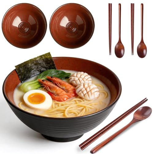 Ramen skålset, 2 ramenskålar av keramik, 1 200 ml ramskålset med ätpinnar och skedar, skål, soppskål stor för ramen soppa pasta fruktsallad (rödbrun)
