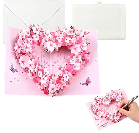 YEDOUALE Tarjeta de Cumpleaños Desplegable para Mujer, Tarjeta 3D Pop Up Corazón Floral Sakura, Tarjeta de Agradecimiento y Regalo para Mamá, Maestra y Familia