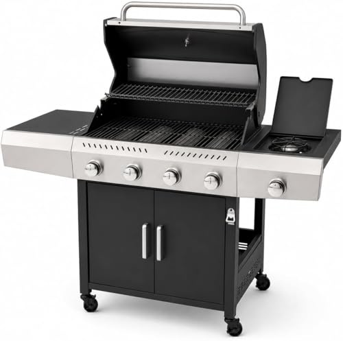 Barbecue a Gas Professionale XXL Da 16 kW con 5 Bruciatori in Acciaio Inox 304 Con Fuoco Laterale Termometro Coperchio Doppio Griglia Di Cottura 67 x 42 Cm E Ruote 137 × 50 × 120 Cm Nero