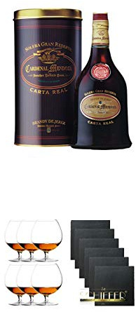 Cardenal Mendoza CARTA REAL spanischer Brandy 0,7 Liter + Cognacglas/Schwenker Stölzle 6 Gläser - 103/18 + Schiefer Glasuntersetzer eckig 6 x ca. 9,5 cm Durchmesser