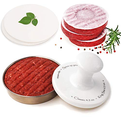 Meykers Burger Press 5 Hamburger Press Patty Maker | Patty Press Burger Mold Ring | with 100 Patty Papers | Porcelain Smasher Stainless Steel Shaper Smash for Meat Beyond Veggie Turkey Vegan Beef