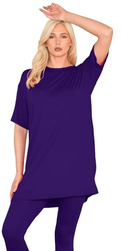 janisramone® Womens Short Sleeve Tunic T Shirts, Round Neck Oversized T Shirts for Women UK, Soft Comfortable Pj Dress, Perfect Summer Longline Ladies Tops Purple