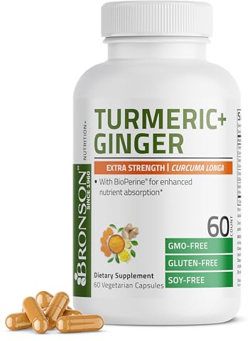 Bronson Turmeric + Ginger Extra Strength Joint Health & Digestion Support with BioPerine, Non-GMO, 60 Vegetarian Capsules
