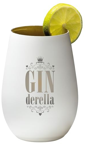 4youDesign Gin Tonic Glas mit Spruch GINderella – Geschenk für Männer, Frauen zum Muttertag oder Vatertag – Tumbler-Party-Glas aus Kristallglas – sehr bruchsicher – Weiß-Gold – 465ml
