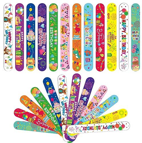 48pcs Braccialetti Slap per Bambini, Happy Birthday Slap Bracelets Gadget a Scatto Bracciali Divertenti Rotoli per Bambini, Giocattoli Braccialetti da Festa Regalini Ragazze e Ragazzi Feste Compleanno