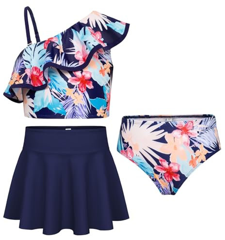 GRACE KARIN Mädchen Bikini Set 3pcs Kinder Hawaiian Rüschen Tankini mit Rock Marineblaues Blumenmuster 6 Jahre