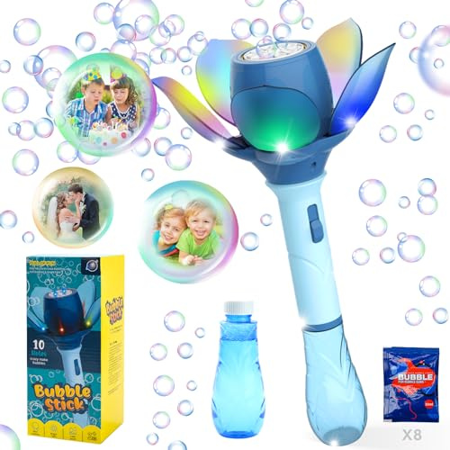 DAOUZL Flor de Loto Máquina de Burbujas, Pistola de Burbujas para Niños 10000+ Burbujas/Minuto, Pistola Pompas de Jabon Niños con 120ml solución y 8X 10ml Concentrado de Burbujas