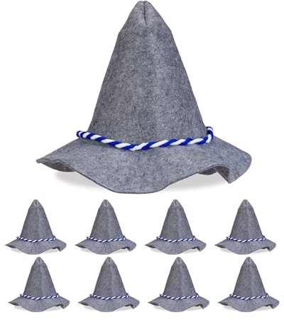 Relaxdays Seppelhut, 9er Set, blau-weiße Kordel, Hut für Karneval & Fasching, breite Krempe, bayrischer Filzhut, grau