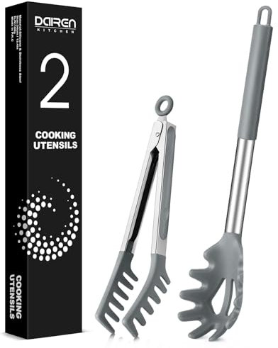 Cucchiaio per spaghetti e pinza per pasta, cucchiaio antiaderente in silicone con denti e manico in acciaio inossidabile, clip per cibo per tagliatelle (grigio)