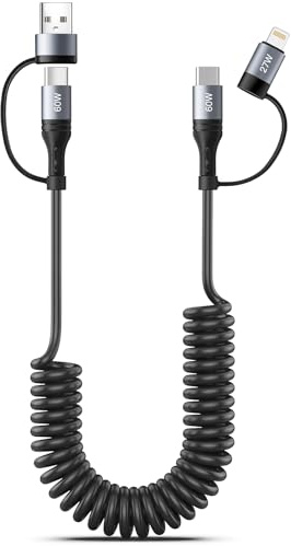 4 en 1 cables Lightning en espiral,1.2m Cable USB A/C a USB C y Lightning 60W Carga Rápida con Datos cargador Phone retráctil con transmisión de datos para iPhone 15/14/13/12/11/Android/iPad/iPod