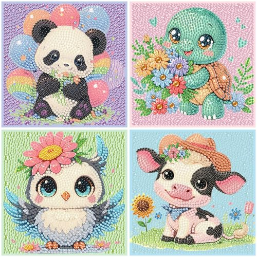 Pujeknm Set da 4 di Pittura con Diamanti 5D per Bambini, Set Completo di Animali, Pittura Diamantata Completa, Fai da Te, Creazione di Mosaici, Artigianato per Ragazze e Ragazzi, 6 7 8 9 10 11 12 Anni