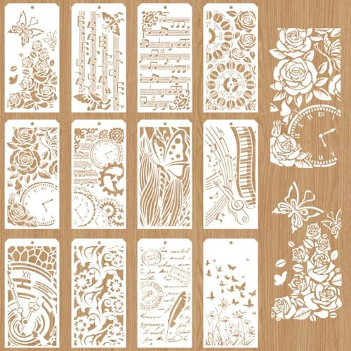 GOMAKERER 12 Stück Dekorative Malvorlagen 12 Stile Schablone Mit Schmetterlings Und Musiknotenmotiv Wiederverwendbare Randschablone Zum Malen Auf Fliesen Wänden Dekor Zeichnen Nachzeichnen